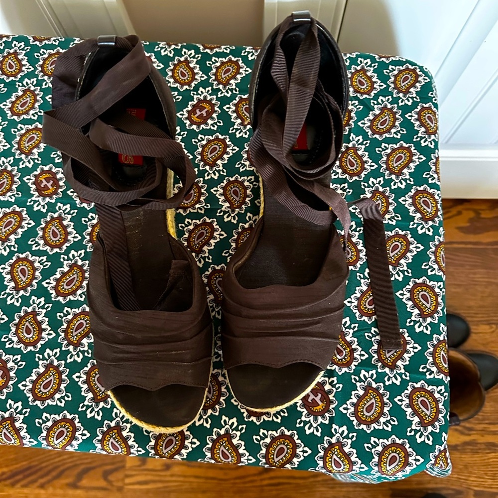 Wedge open toed ribbon wrap around ankle